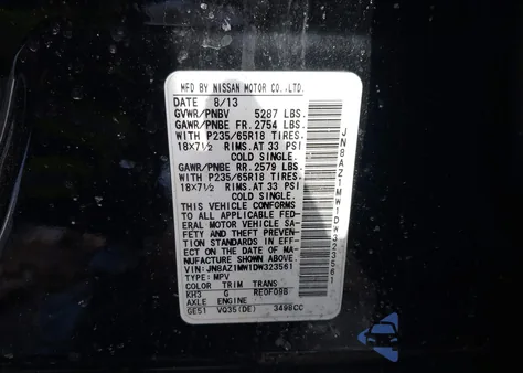 2013 Nissan Murano S z USA, uszkodzony, nr VIN JN8AZ1MW1DW323561